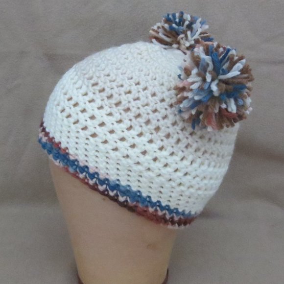 New OOAK Unisex Hand Crocheted Cream & Multi Double Pom Pom Beanie - Picture 1 of 7